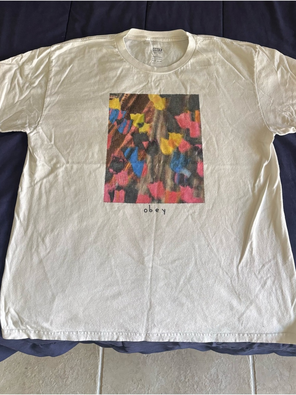 Obey White Tee with Multicolor Floral Square Print